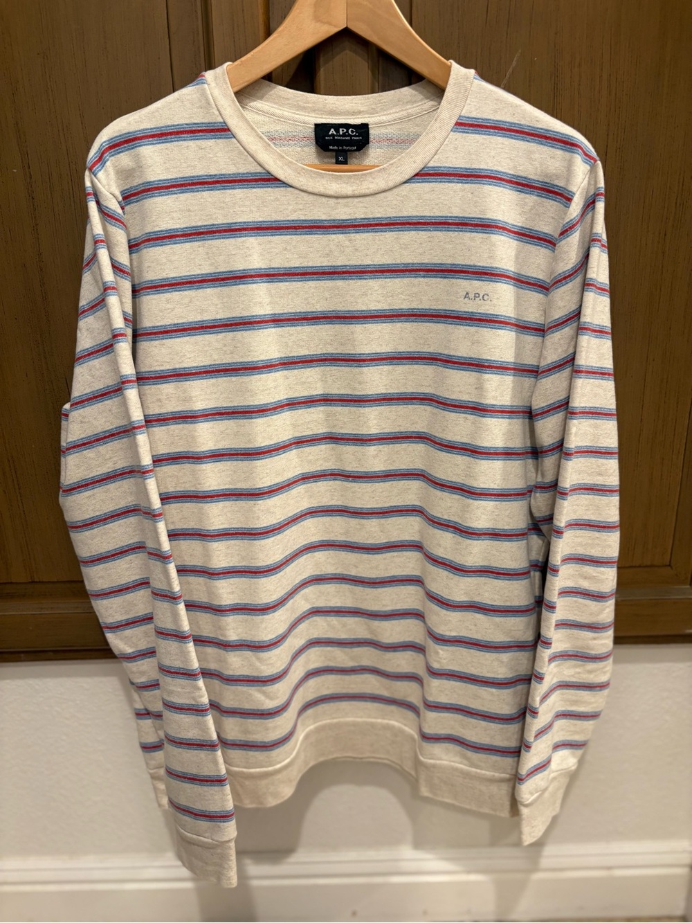 A.P.C. Cream Crewneck Sweater with Blue and Red Stripes